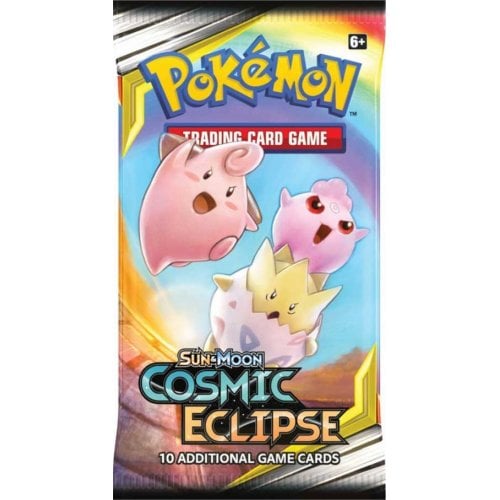 Pokémon Trading Card Game Sun & Moon Cosmic Eclipse card pack with cartoon characters on a colorful background.Pokemon cards cosmic eclipse booster art 1 RRP