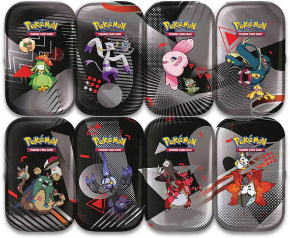 Set of eight Pokémon trading card game tins with various characters on a black background. all alt art Pokemon cards scarlet & violet Unova mini tins black bolt and white flare 2 booster pack