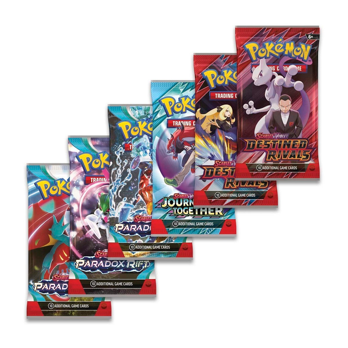 Collection of Pokémon trading card game packs on a white background destined rivals journey together paradox rift