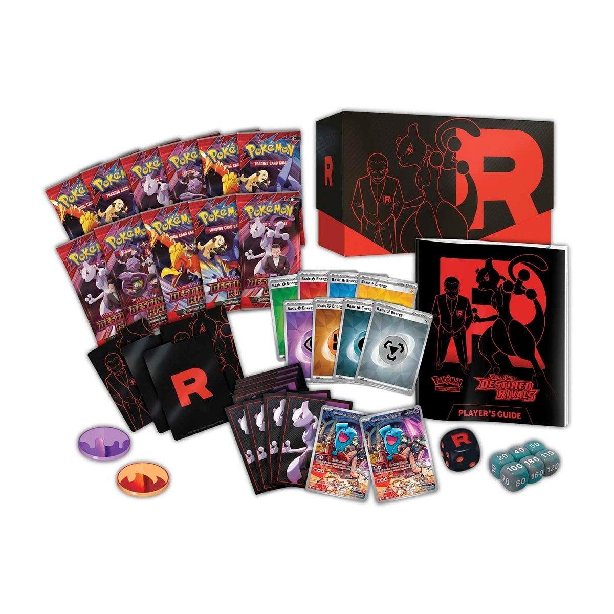 Pokémon trading card game collection with cards, a box, and accessories on a white background destined rival elite trainer box ETB contents