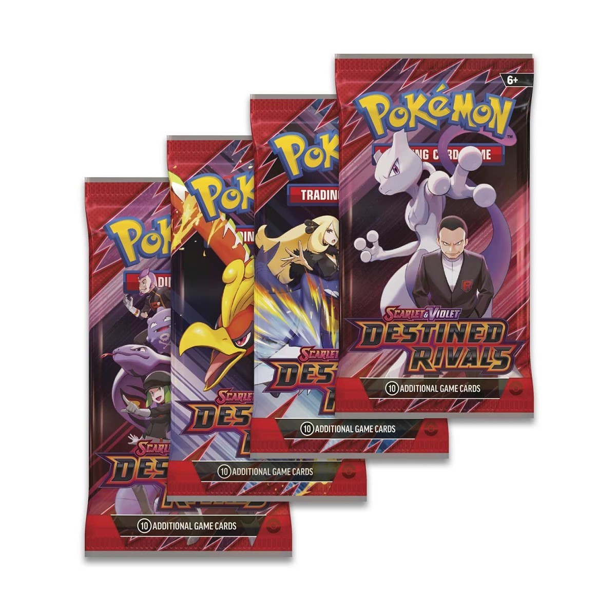 Three packs of Pokémon trading cards with colorful designs on a white background Pokemon destined rivals booster packs alt art four