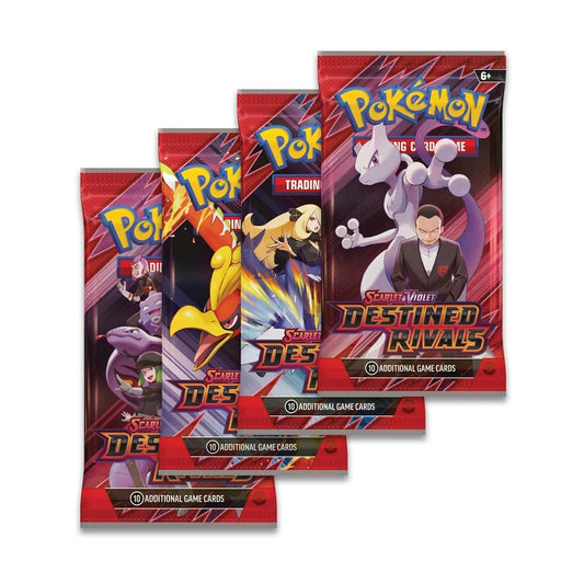 Three packs of Pokémon trading cards with colorful designs on a white background Pokemon destined rivals booster packs alt art four