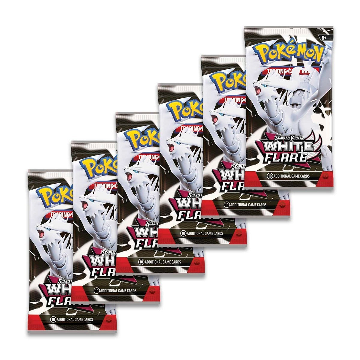 Five packs of Pokemon White Flare trading cards on a white background Pokemon white fare binder collection RRP boosters 6 packs