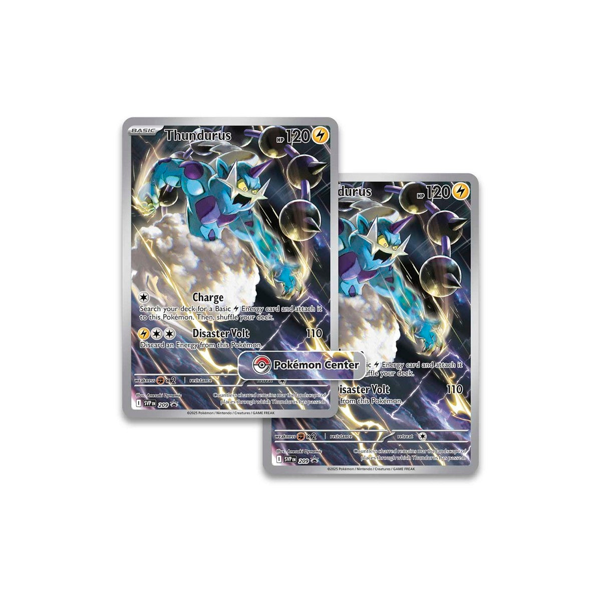 Two Pokémon trading cards featuring Thunderior on a white background Pokemon cards scarlet & violet black bolt elite trainer box ETB RRP contents 9 booster pack promo thundurs