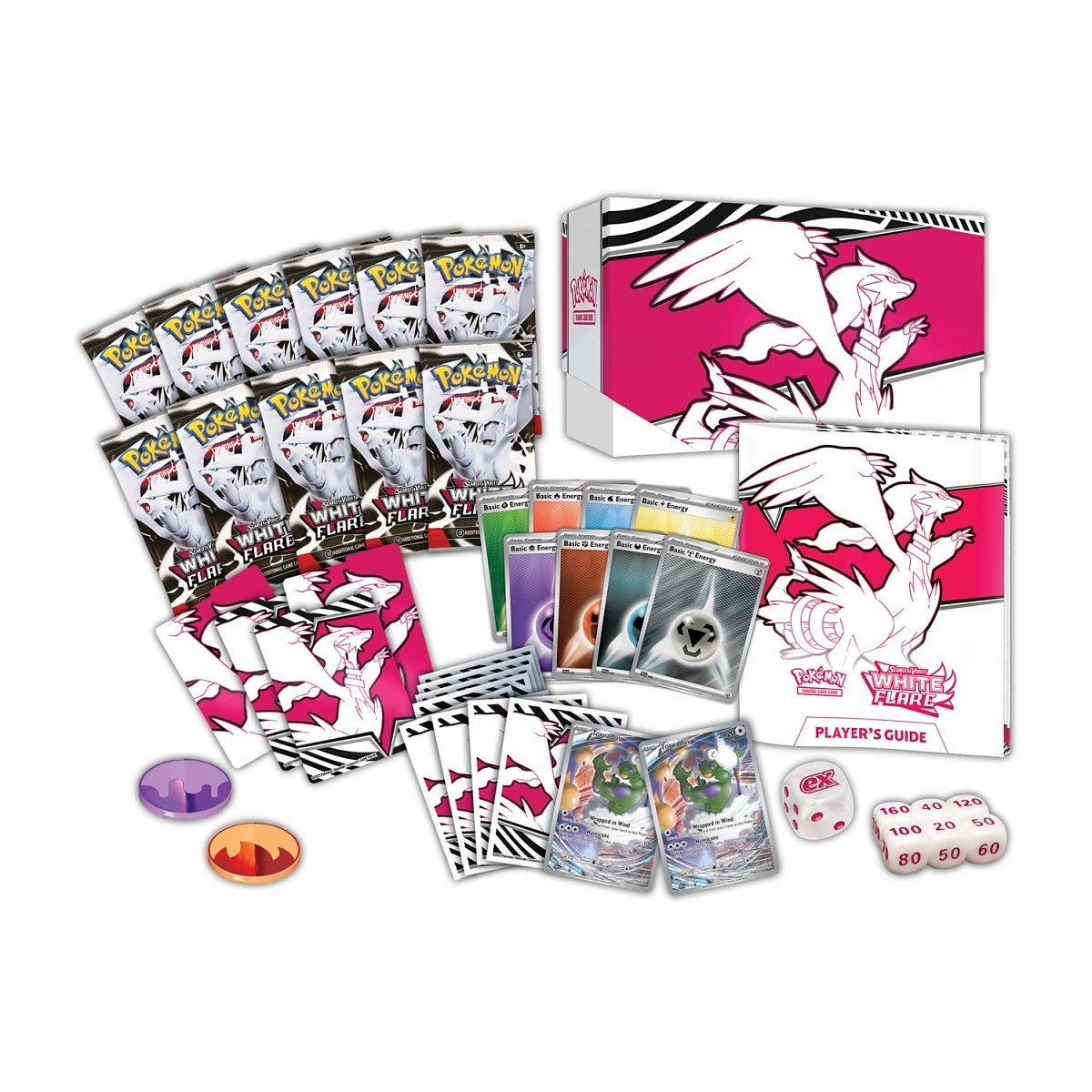 Collection of trading cards, dice, and a player's guide with a white background Pokemon cards scarlet & violet white flare elite trainer box ETB RRP contents 9 booster pack