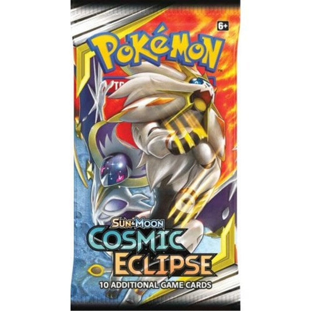 Pokémon Sun & Moon Cosmic Eclipse trading card pack with a Pokémon character on the cover. Pokemon cards sun & moon cosmic eclipse booster art 1 RRP