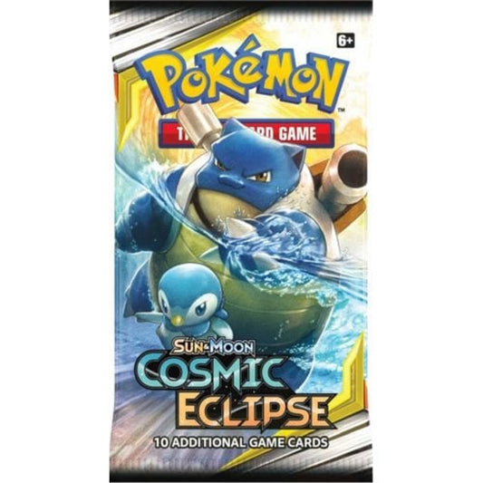 Pokémon trading card game pack featuring a Pokémon character with water elements on a white background. Pokemon cards sun & moon cosmic eclipse booster art 1 RRP