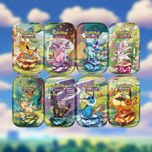 Set of eight colorful Pokémon trading card game tins on a black background