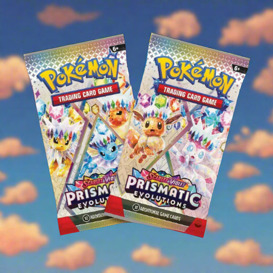 Two Pokémon Trading Card Game packs on a blue background with cloud patterns Pokemon card prismatic evolution mini tin two packs