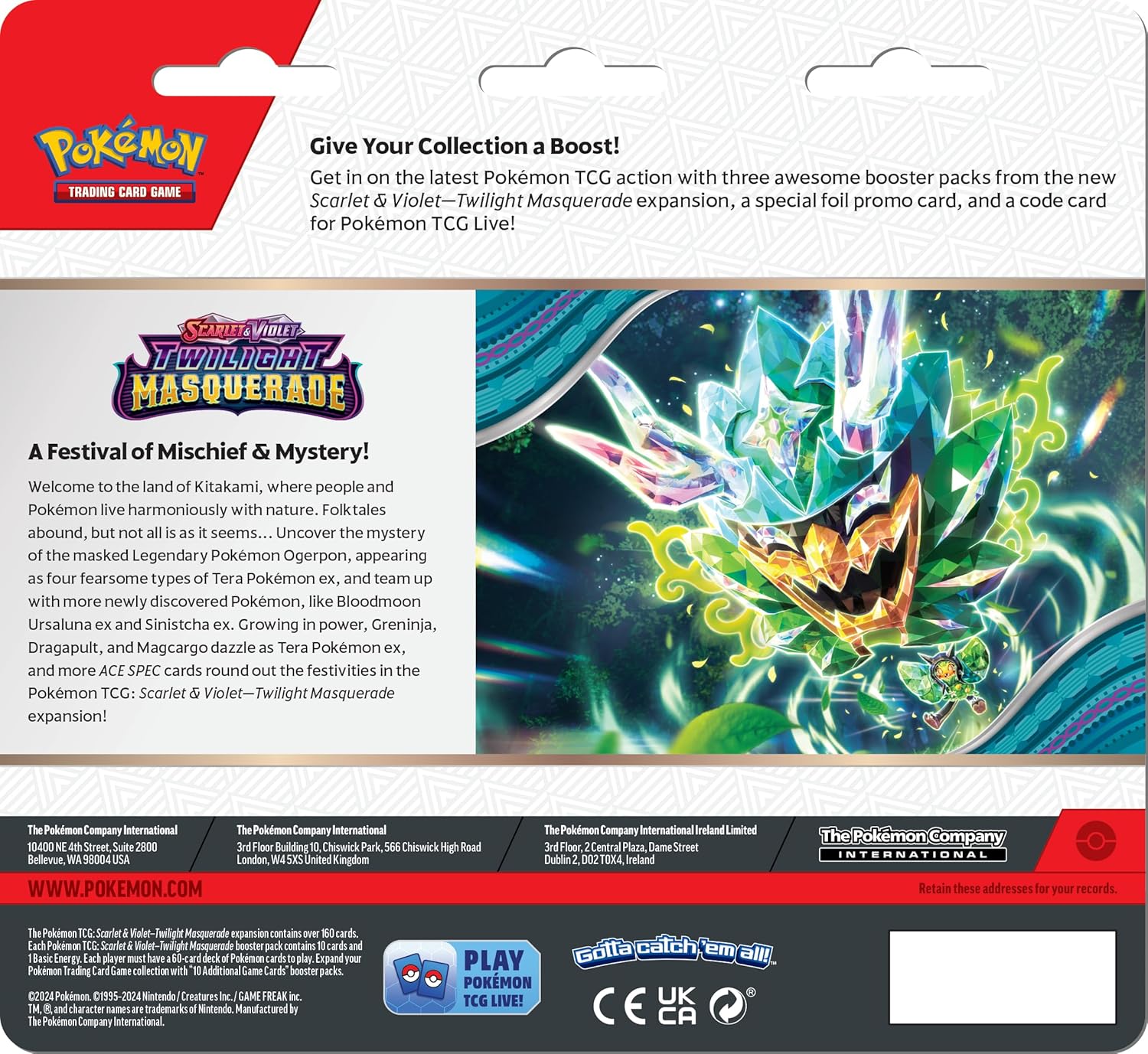 Pokémon trading card game booster pack with character illustration and promotional text. Pokemon cards scarlet & violet Twilight masquerade 3 pack booster RRP