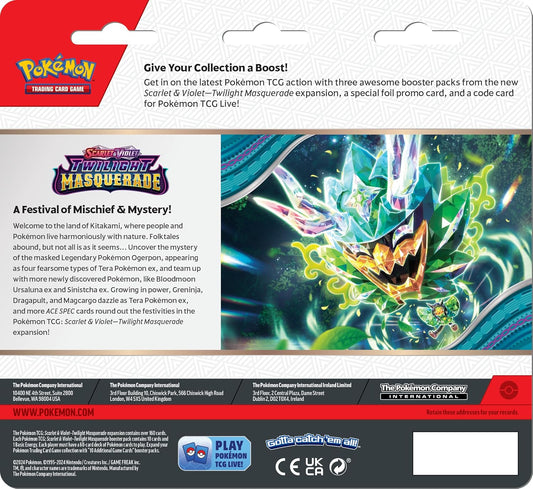 Pokémon trading card game booster pack with character illustration and promotional text. Pokemon cards scarlet & violet Twilight masquerade 3 pack booster RRP