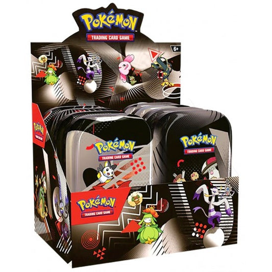 Pokémon trading card game packaging with various cards displayed. Pokemon cards scarlet & violet Unova mini tins black bolt and white flare