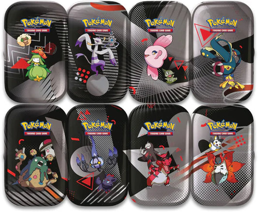 Set of eight Pokémon trading card game tins with various characters on a black background. all  alt art Pokemon cards scarlet & violet Unova mini tins black bolt and white flare 2 booster pack 