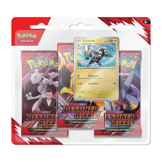 Pokémon trading card game pack featuring Zebstrika card with red and white packaging.Destined rival booster 3 pack promo