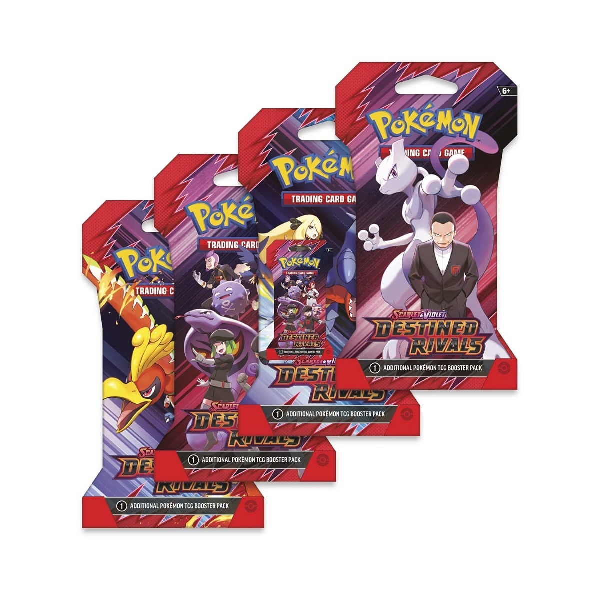 Three packs of Pokémon trading cards with character illustrations on a white background Destined rival sleeved booster alt art Pokemon Team Rocket