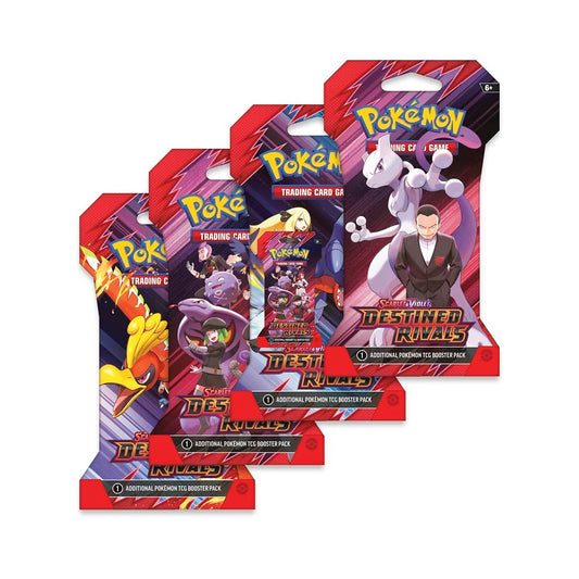 Three packs of Pokémon trading cards with character illustrations on a white background Destined rival sleeved booster alt art Pokemon Team Rocket