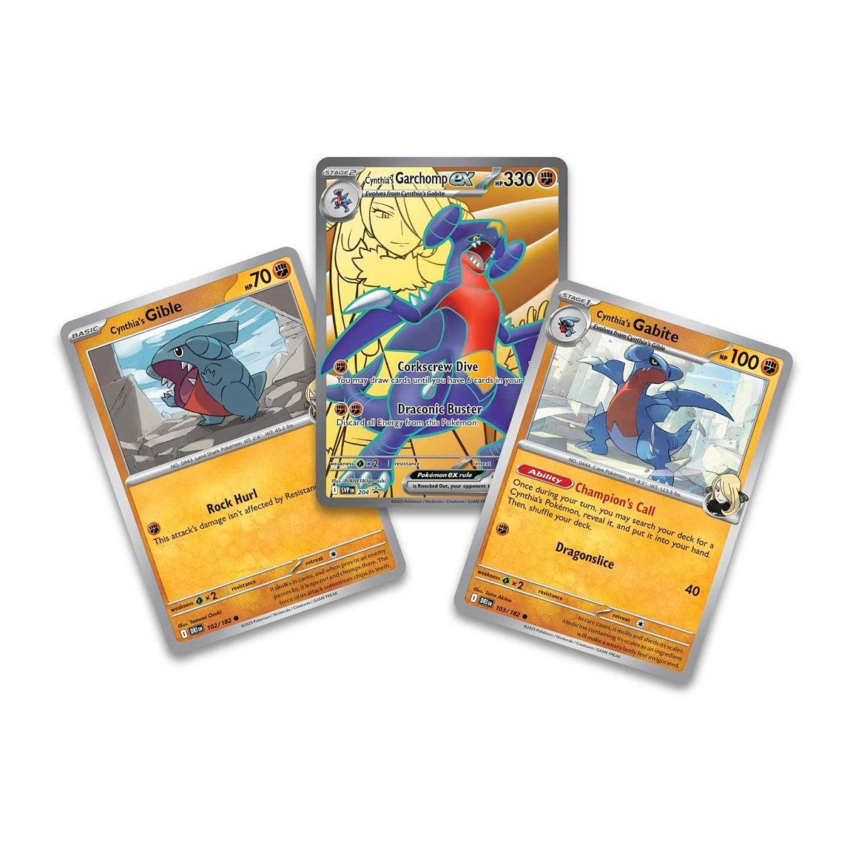 Three trading cards featuring animated characters on a white background Cynthia_s_garchimp_destined_rivals_booster promo