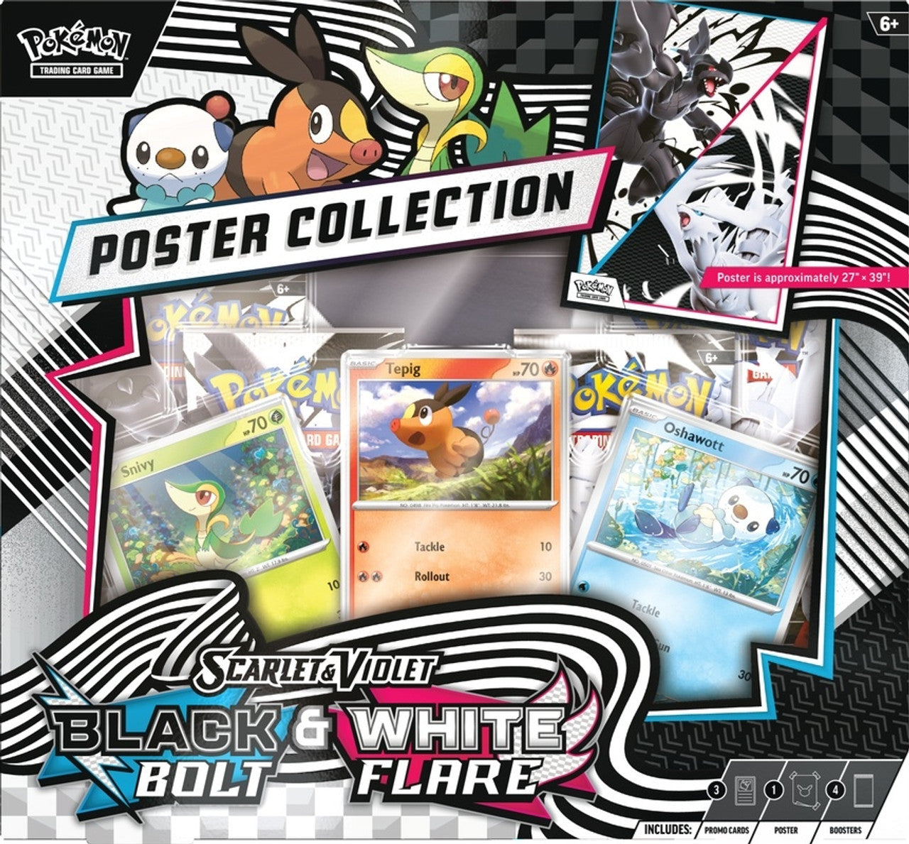 Pokémon trading card game poster collection packaging with various cards displayed. Pokemon cards scarlet & violet white flare black bolt poster collection 4 booster pack promo