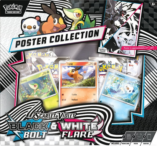 Pokémon trading card game poster collection packaging with various cards displayed. Pokemon cards scarlet & violet white flare black bolt poster collection 4 booster pack promo