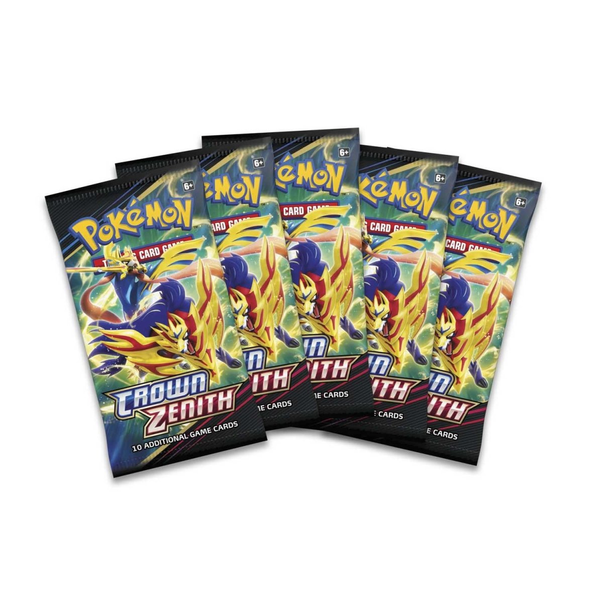 Five packs of Pokemon Crown Zenith trading cards on a white background Pokemon sword and shield crown zenith Pikachu v max special collection box promo