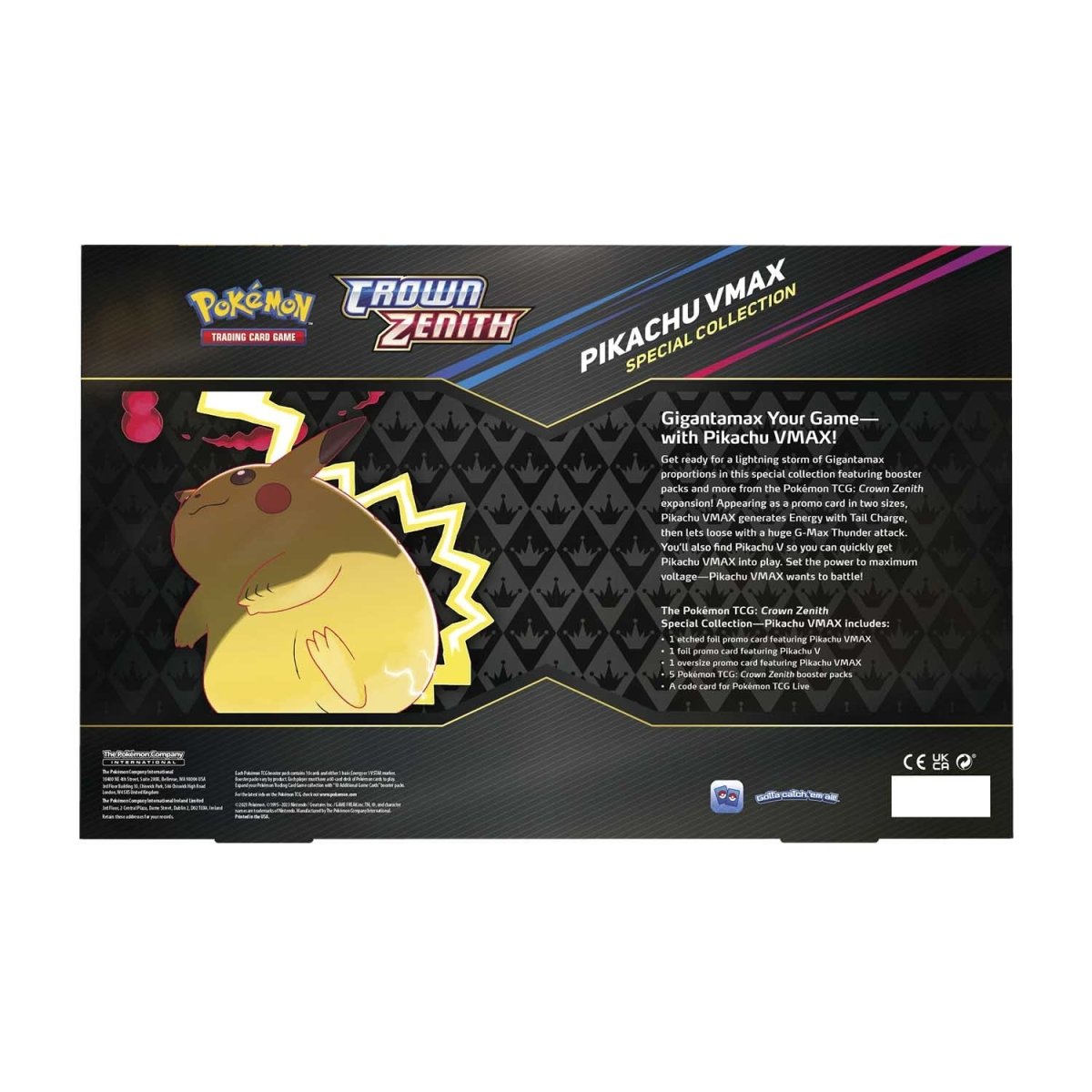Pokémon Crown Zenith Pikachu VMAX Special Collection packaging on a white background Pokemon sword and shield crown zenith Pikachu v max special collection box back