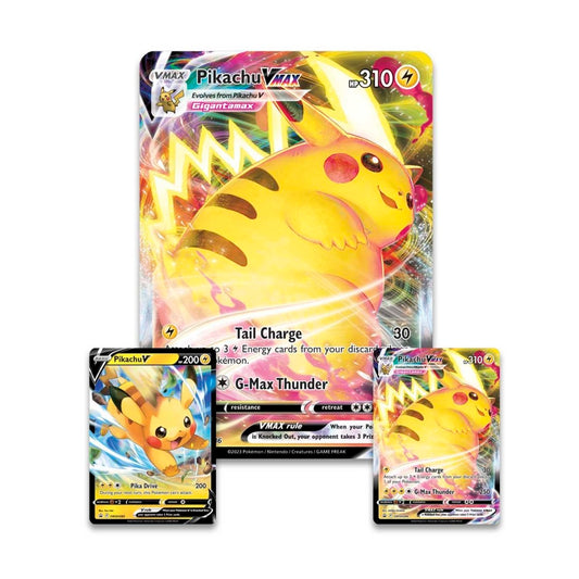 Set of Pikachu trading cards with various designs on a white background Pokemon sword and shield crown zenith Pikachu v max special collection box promo