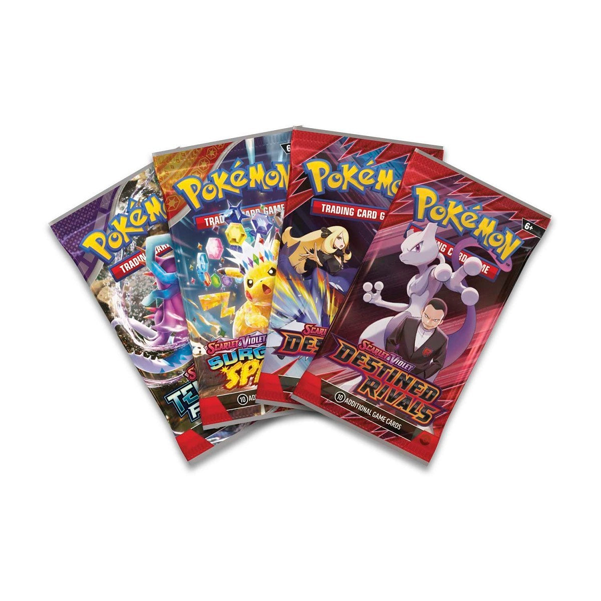 Five Pokemon trading card packs on a white background destined rivals surging sparks